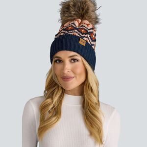 PANACHE Navy, Rust & Pink Patterned Fleece Lined Pom Pom Beanie Hat